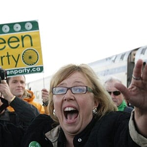 Green party leader Elizabeth May reacts to a supporter during stop at the VIA Rail station in Edmonton, Alta., on Monday, September 22, 2008. May is on a cross country whistle-stop tour which will take her from Vancouver to Toronto and from Montreal to Truro, Nova Scotia. THE CANADIAN PRESS/Darryl Dyck