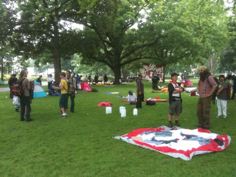 What's left of tent city at Allan Gardens Saturday morning. The rain may hamper today's protests.