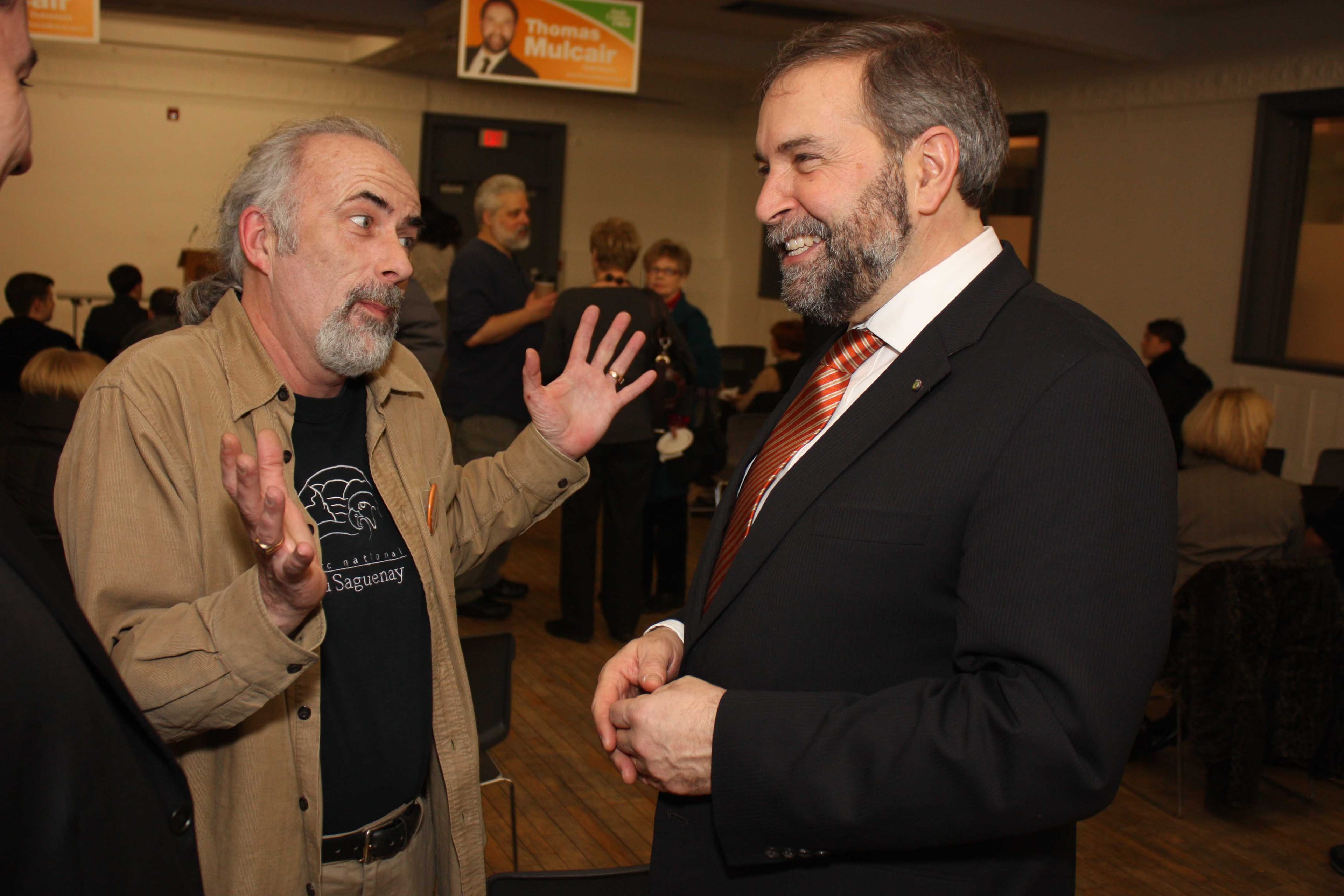 David Harris (left), father of NDP MP Dan Harris, and Thomas Mulcair.