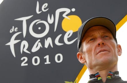 Radioshack team rider Lance Armstrong of the U.S. poses  on the podium of the 20th stage of the 97th Tour de France cycling race between Longjumeau and Paris