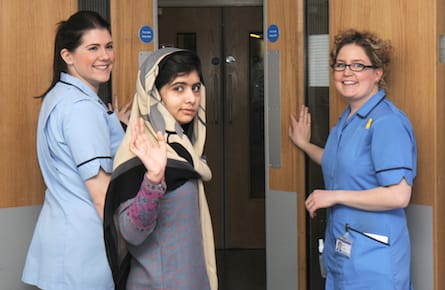 BIRMINGHAM, UNITED KINGDOM - JANUARY 04:  In this handout image supplied by Queen Elizabeth Hospital, Malala Yousafzai leaves the Queen Elizabeth Hospital on January 04, 2013 in Birmingham, United Kingdom. The Pakistani schoolgirl activist who was shot in the head by Taliban gunmen has been discharged today from Queen Elizabeth Hospital in Birmingham as an inpatient. (Photo by Queen Elizabeth Hospital Via Getty Images)
