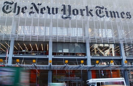 The facade of the New York Times building is seen in New York