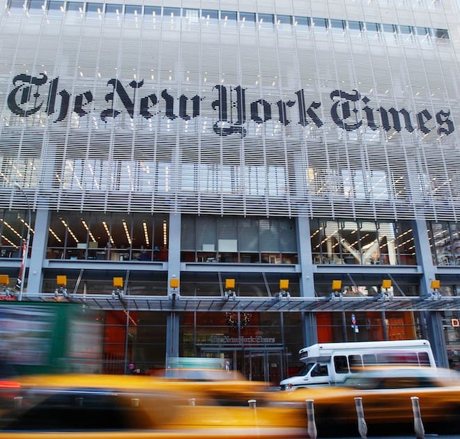 The facade of the New York Times building is seen in New York