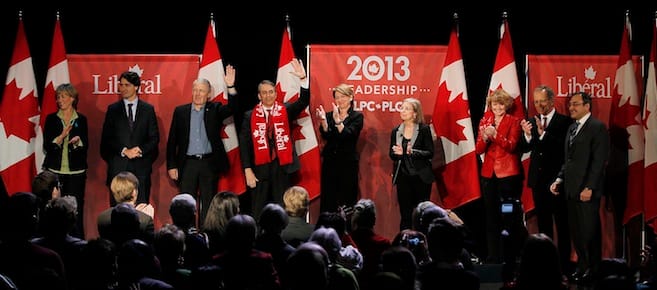 Liberal party leadership candidates Joyce Murray, Justin Trudeau, Marc Garneau, David Bertschi, Martha Hall Findlay, Deborah Coyne, Karen McCrimmon, George Takach and Martin Cauchon at the end of the Liberal Party of Canada leadership debate in Winnipeg, Saturday, Feb. 2, 2013. (John Woods, The Canadian Press) 