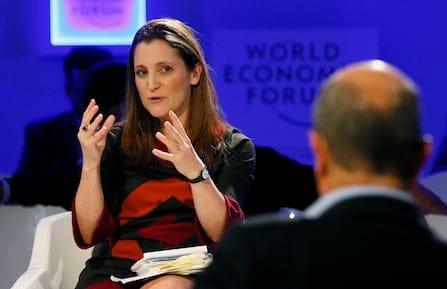 Freeland ,Digital Editor Thomson Reuters, gestures during the annual meeting of the World Economic Forum in Davos