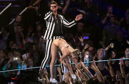 Miley Cyrus and Robin Thicke perform "Blurred Lines" during the 2013 MTV Video Music Awards in New York