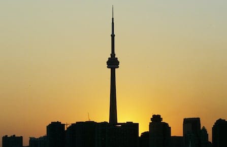 The CN Tower is silhouetted against the setting sun, as Toronto faced a massive power outage, August 14, 2003. (Andrew Wallace/Reuters)