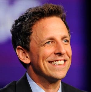 Host Seth Meyers takes part in a panel discussion about "Late Night with Seth Meyers" at TCA Winter Press Tour in Pasadena, California