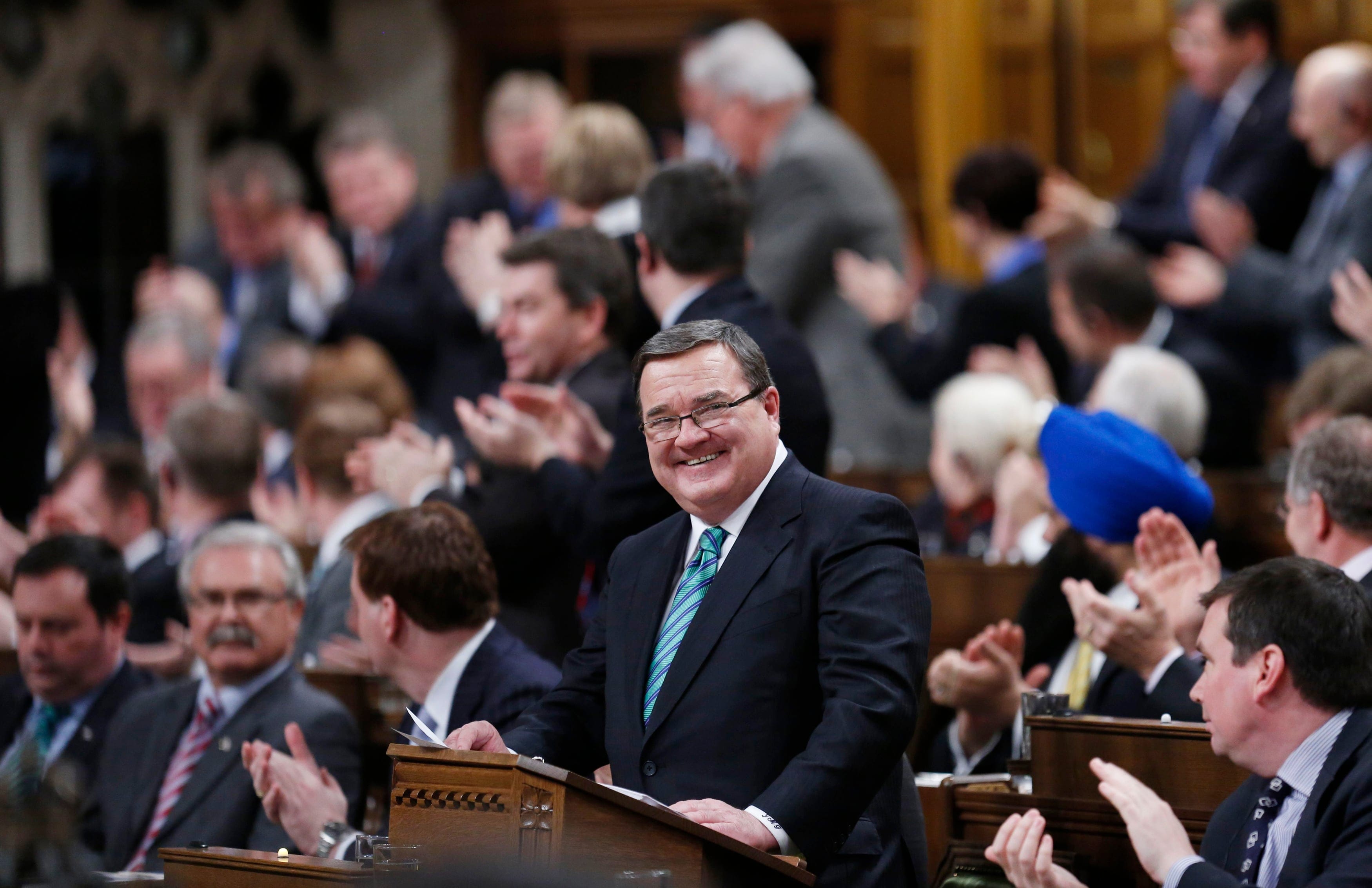 Canada's Finance Minister Jim Flaherty debates the federal budget in the House of Commons on Parliament Hill in Ottawa