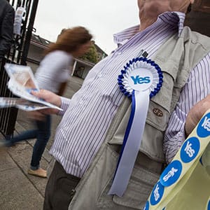 Campaigners outside the polling station in Mount Florida district, Day of the Scottish independence referendum, Glasgow, Scotland on Thursday September 18th, 2014.