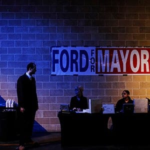 Volunteers await the start of the Toronto Mayor Rob Ford campaign launch party in Toronto