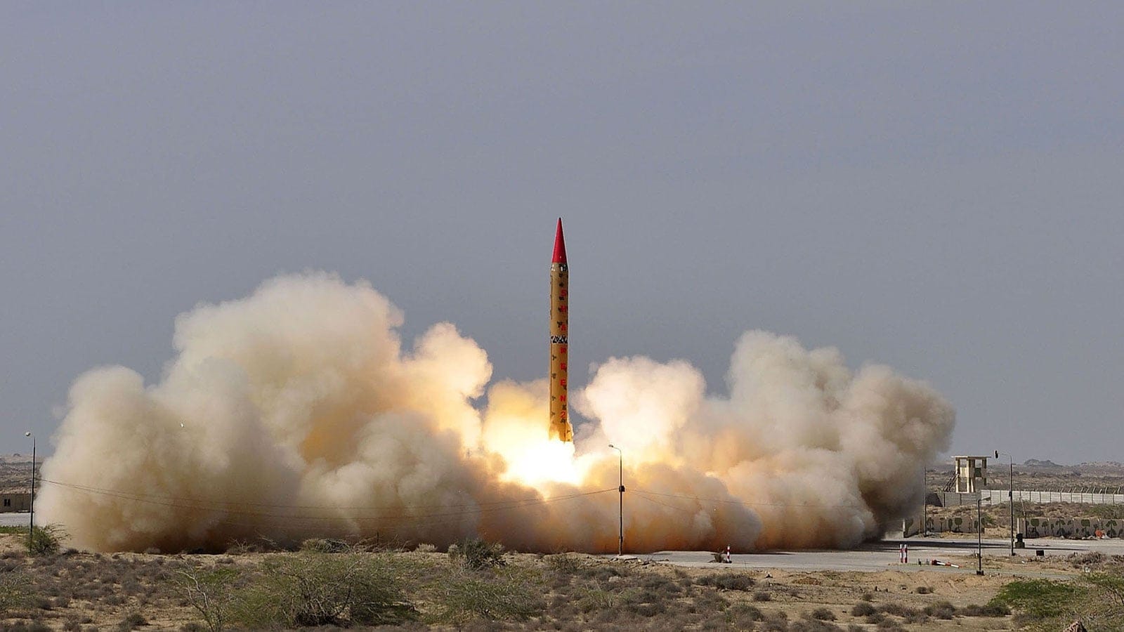 PAKISTAN - NOVEMBER 13: The Pakistani Military launches an intermediate-range nuclear-capable ballistic missile Shaheen-II, also known as Hatf-VI, with a range of 1,500 kilometers (900 miles) from an undisclosed location in Pakistan on November 13, 2014. The test fire hit its target in the Arabian Sea, which is the northern part of the Indian Ocean. (Photo by Inter Services Public Relations (ISPR)/Anadolu Agency/Getty Images)