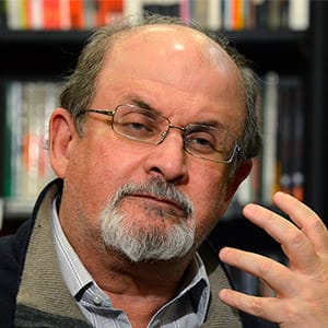 Author Salman Rushdie gestures during an interview with Reuters in central London