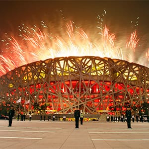 Fireworks explode over the Bird's Nest stadium during the op