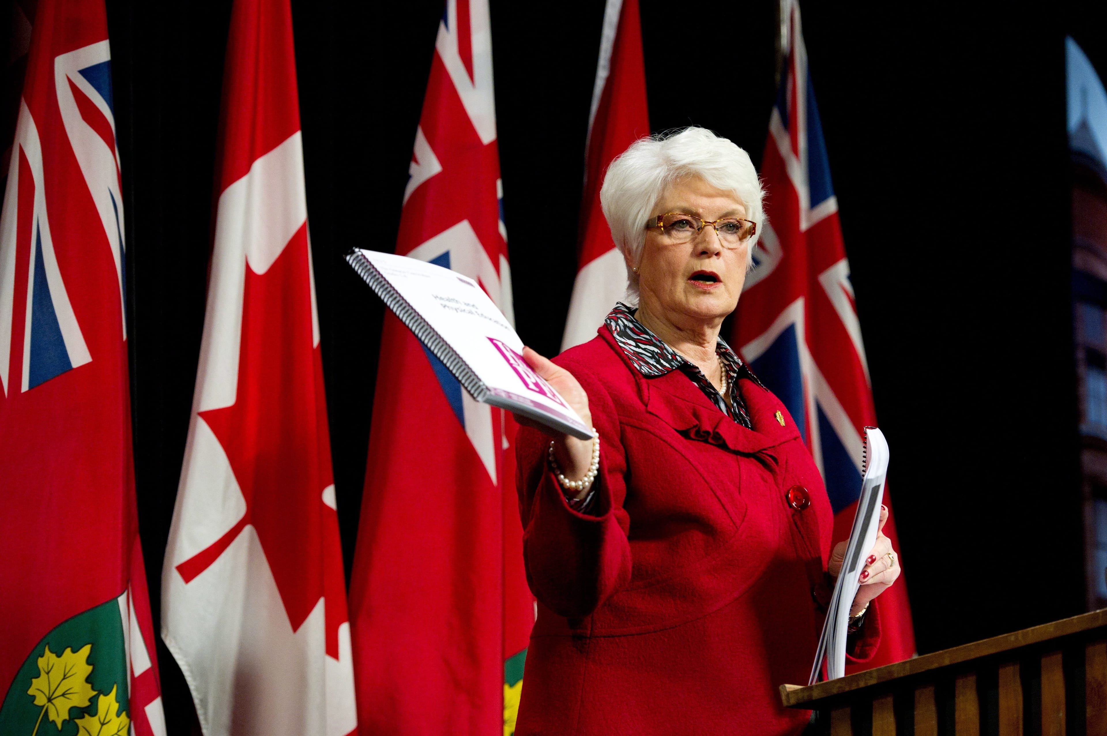 Ontario Education Minister Liz Sandals presents the revised Health and Physical Education curriculum at a press conference at Queen's Park in Toronto, Monday, February 23, 2015. (Galit Rodan/The Canadian Press)