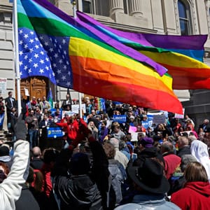Demonstrators gather to protest a controversial religious freedom bill in Indianapolis