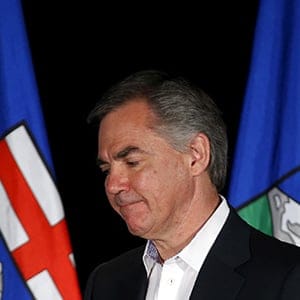 Alberta Premier and PC party leader Prentice reacts after losing the Alberta election in Calgary