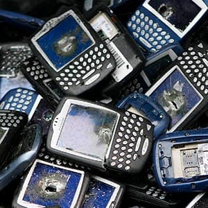 Trashed Blackberry phones sit in a bucket during the NBC Today Show in New York April 21, 2008. The phones were to be used by students in an art piece and then recycled for Green Week. (Lucas Jackson/Reuters)