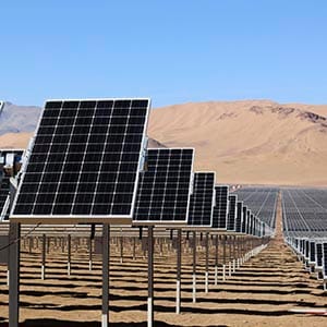 Solar panels of local mining company CAP are seen in the Atacama Desert June 5, 2014. CAP inaugurated the largest solar plant in Latin America with an area equivalent to 200 football fields and to generate enough power to meet almost all the electrical needs of an iron ore mine. The arid northern part of Chile and the southern Patagonia are ideal to generate, solar, wind or geothermal power. Picture taken June 5, 2014.  (Fabian Andres Cambero/Reuters)