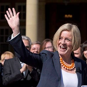Alberta Premier-designate Rachel Notley addresses the media in front of her caucus in Edmonton, Alta., on Saturday, May 9, 2015. (JASON FRANSON/CP)