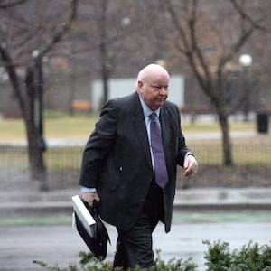 Suspended Sen. Mike Duffy arrives at the courthouse for his trial in Ottawa, Monday, April 20, 2015. As Duffy returns to court, colleagues await a different kind of justice in the Senate. THE CANADIAN PRESS/Sean Kilpatrick