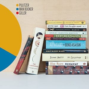 Stack of award winning books.  Photograph by May Truong