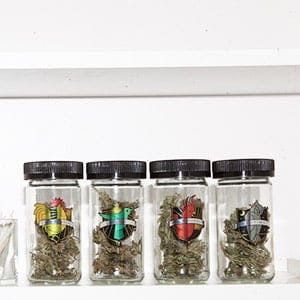 Jars of luxury medical marijuana from Hydropothecary sit on a bathroom shelf in a medicine cabinet (Photograph by Michelle Yee)