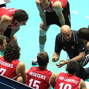 Canada's coach Glenn Hoag, right, talks to his players during a first round match between Canada and Germany at the Men's Volleyball World Championships, in Trieste, Italy, Monday, Sept. 27, 2010. Germany won 3-0. (Paolo Giovannini/AP)