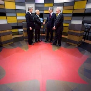 Prime Minister Stephen Harper, left to right, NDP Leader Jack Layton, Liberal Leader Michael Ignatieff and Bloc Quebecois Leader Gilles Duceppe exchange handshakes as they arrive to the English language federal election debate in Ottawa Ont., on Tuesday, April 12, 2011. The Conservative party says it has accepted a proposal for a third federal election debate sponsored by the Globe and Mail and Google Canada. THE CANADIAN PRESS/Adrian Wyld