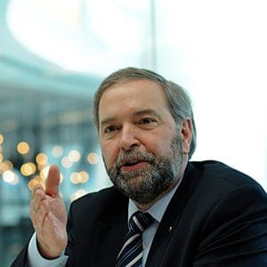 Tom Mulcair, leader of Canada's main opposition New Democratic Party, speaks during an interview in New York, U.S. During a visit to Washington this week Mulcair told U.S. lawmakers and executives that he opposes the Keystone XL oil pipeline, according to the Edmonton Journal.  (Peter Foley/Bloomberg/Getty)