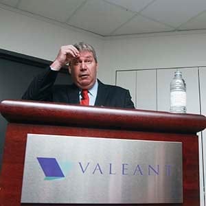 J. Michael Pearson, Chairman of the board and Chief Executive Officer of Valeant Pharmaceuticals International Inc., gestures during their annual general meeting in Laval, Quebec May 20, 2014. Canada's Valeant Pharmaceuticals International Inc said it will not make an all-cash bid for drugmaker Allergan Inc as many had expected last week when the company said it would improve its cash and stock offer for the Botox maker. (Christinne Muschi/Reuters)