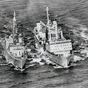 Refuelling on the run; two destroyers and a supply ship make a five-day patrol of the North Atlantic fisheries. For the navy the exercise was a welcome respite from austerity-enforced idleness. (Doug Griffin/Toronto Star/Getty Images)