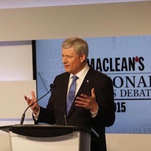 STEPHEN HARPER SPEAKS DURING THE MACLEAN'S LEADERS DEBATE, TORONTO, ON, AUGUST 6TH, 2015. (DILLAN COOLS/MACLEAN'S)