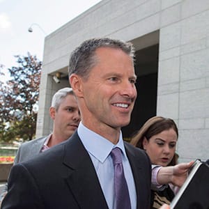 Nigel Wright, former chief of staff to Prime Minister Stephen Harper, arrives with his lawyer Peter Mantas (right) at the courthouse in Ottawa on Thursday, Aug. 13, 2015 for his second day of testimony at the criminal trial of embattled Sen. Mike Duffy. (Justin Tang/CP)