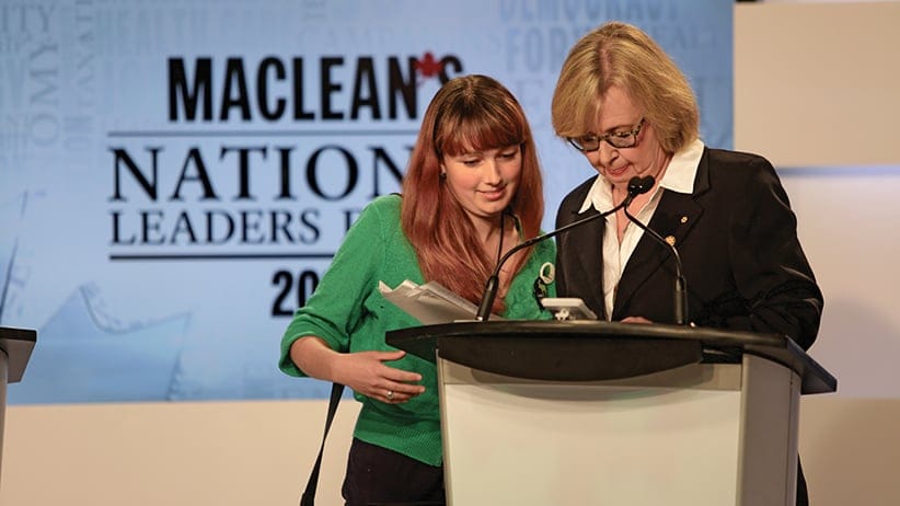 Elizabeth May gets a visit from her daughter during the Maclean's National Leaders Debate. (Photograph by Dillan Cools)