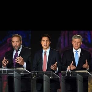 From left to right, NDP Leader Tom Muclair, Liberal Leader Justin Trudeau, and Conservative Leader Stephen Harper are seen at various points during the Globe and Mail leaders' debate, in this photo illustration, on Thursday, September 17, 2015. THE CANADIAN PRESS/Sean Kilpatrick