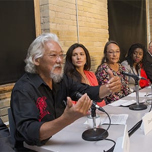 Environmental activist David Suzuki (L) speaks during news conference to launch the "Leap Manifesto: A Call for a Canada Based on Caring for the Earth and One Another " in Toronto, September 15, 2015. The Leap Manifesto is a group consisting of activists, artists, and celebrities that call for strong environmental policy changes and initiatives.  (Mark Blinch/Reuters)