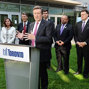 Toronto Mayor John Tory addresses a news conference at the big city mayors' conference in Toronto, Thursday, Sept.24, 2015 as (left to right) Toronto councillor Ana Bailao, Vancouver Mayor Gregor Robertson, Edmonton Mayor Don Iveson, Kitchener Mayor Berry Vrbanovic, Halifax Mayor Mike Savage and London Mayor Matt Brown look on. (Frank Gunn/CP)
