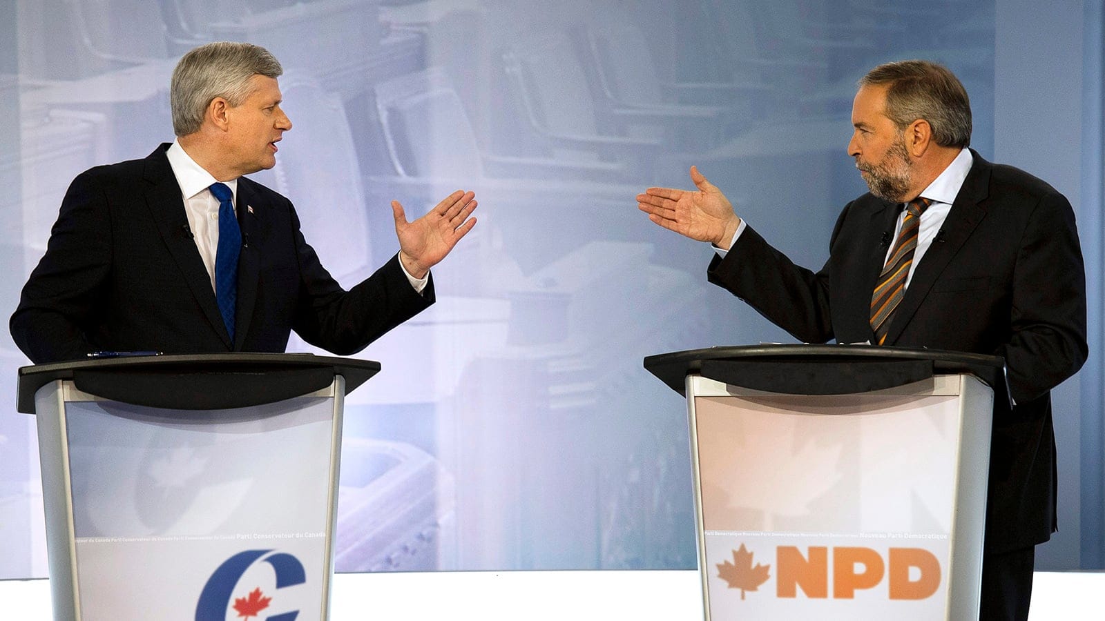Conservative leader Stephen Harper, lef, exchanges words with NDP leader Tom Mulcair during the french language leaders debate Thursday, September 24, 2015  in Montreal. (Adrian Wyld/CP)