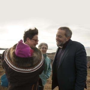 NDP Leader Tom Mulcair talks with supporters during a campaign stop in Iqaluit, Nunavut  on Wednesday, Sept. 30, 2015. (Andrew Vaughan/CP)