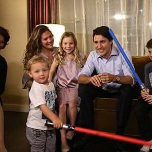 Liberal leader Justin Trudeau is accompanied by his mother Margaret Trudeau (L) and his wife Sophie Gregoire, daughter Ella Grace and sons Hadrien (foreground) and Xavier (R) as he watches results at his election night headquarters in Montreal, Quebec, October 19, 2015. (Chris Wattie/Reuters)