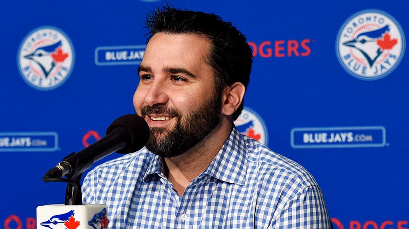 Toronto Blue Jays general manager Alex Anthopoulos speaks to the media regarding his recent trades before the Jays play against the Kansas City Royals during an AL baseball game in Toronto on Friday, July 31, 2015. (Nathan Denette/CP)