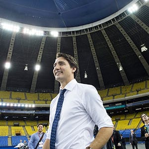Liberal Leader Justin Trudeau walks in Montreal's Olympic stadium during a campaign event, Tuesday, October 6, 2015. Paul Chiasson/CP