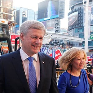 Canada's Conservative Prime Minister Stephen Harper arrives with his wife Laureen (R) at the venue for the Maclean's national leadership debate in Toronto August 6, 2015. Canadians go to the polls on October 19, 2015.  (Mark Blinch/Reuters)