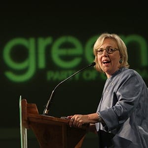 Green Party leader Elizabeth May, speaks to volunteers, campaign staff and supporters, after being re-elected during election night at the Victoria Conference Centre in Victoria, B.C., Monday, October 19, 2015. THE CANADIAN PRESS/Chad Hipolito
