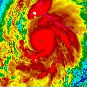 epa04990417 A handout picture released by the US National Oceanic and Atmospheric Administration on 23 October 2015 shows a rainbow colored image of Hurricane Patricia as it approaches the coastline of Mexico from the Eastern Pacific. Hurrican Patricia has reached Category 5, the highest, and was heading towards southwest Mexico.The centre of the storm was around 320 km south-southwest of the city of Manzanillo at 0300 GMT, said the National Weather Centre in the United States. Patricia has windspeeds of up to 260 kilometres per hour.The storm, moving north-northwest at 17 kilometres per hour was predicted to make landfall overnight. The Mexican government declared a state of emergency in 56 localities in coastal areas.  (NOAA/EPA)