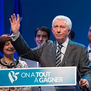 Bloc Quebecois Leader Gilles Duceppe waves goodbye to supporters at the end of his speech, at the Bloc Quebecois election headquarters Tuesday, October 20, 2015 in Montreal Que. Canadians are voting in a general election. (Jacques Boissinot/CP)