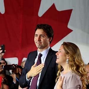 Liberal Party leader Justin Trudeau is accompanied by his wife Sophie Gregoire as he arrives to give his victory speech after Canada's federal election in Montreal, Quebec, October 19, 2015. (Christinne Muschi/Reuters)
