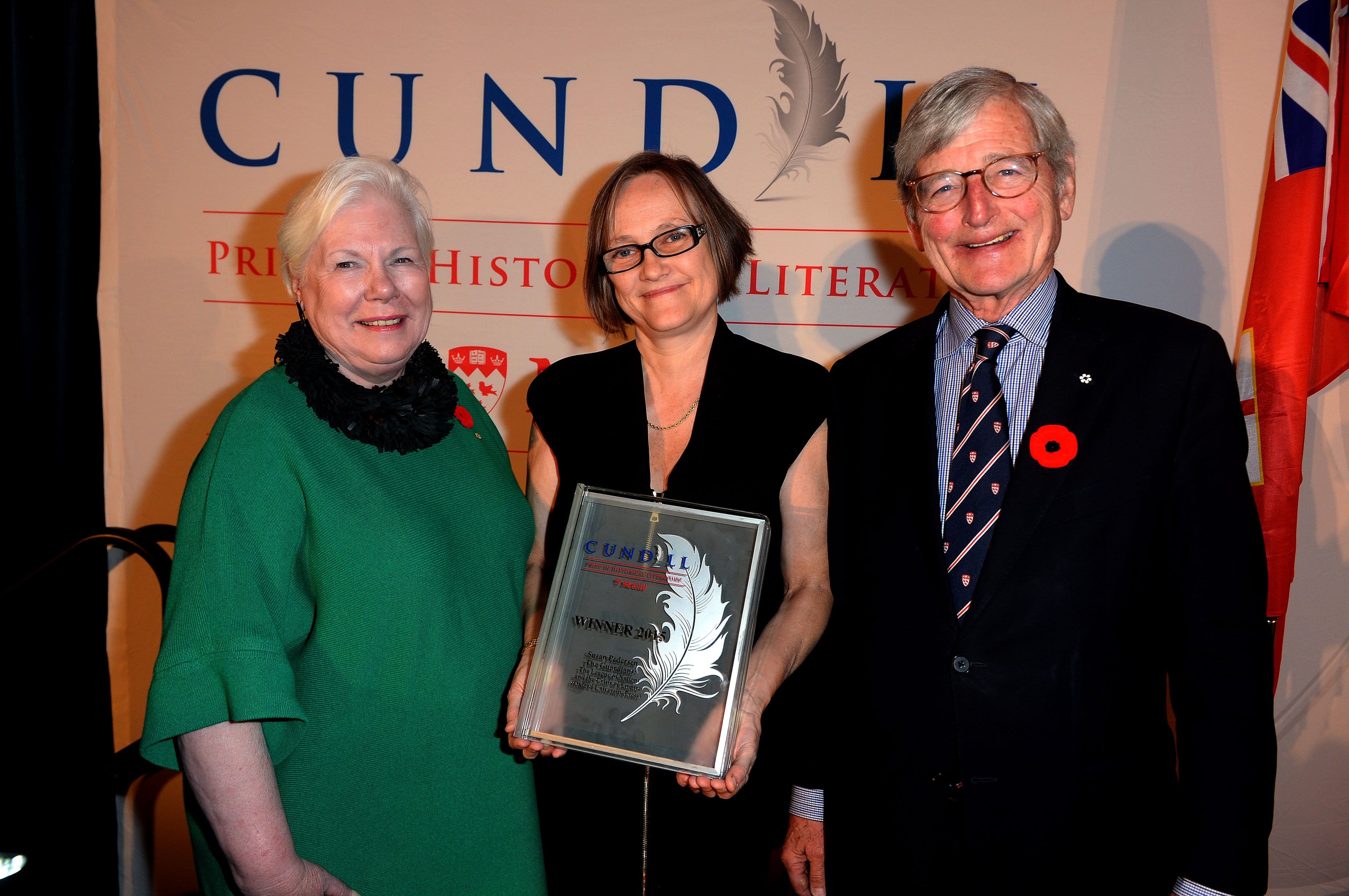 The Honourable Elizabeth Dowdeswell, Lt. Gov.of Ontario, Susan Pedersen, winner of the 2015 Cundill Prize in Historical Literature at McGill University for "The Guardians" and McGill Chancellor Michael A. Meighen. (Photograph by Tom Sandler)