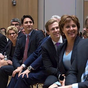 Prime Minister Justin Trudeau sits with Manitoba Premier Greg Selinger, Nova Scotia Premier Stephen McNeil, Ontario Premier Kathleen Wynne, Quebec Premier Philippe Couillard, New Brunswick Premier Brian Gallant, B.C. Premier Christy Clark, and Yukon Premier Darrell Pasloski as they listen to a question being asked during an information session at the First Ministers meeting at the Museum of Nature Monday November 23, 2015 in Ottawa. THE CANADIAN PRESS/Adrian Wyld